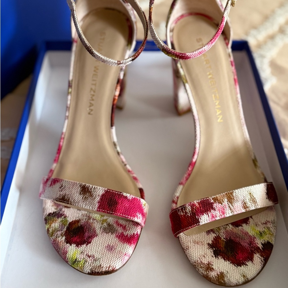 Nearly Nude Floral Pink and Green Block-Heel Sandals